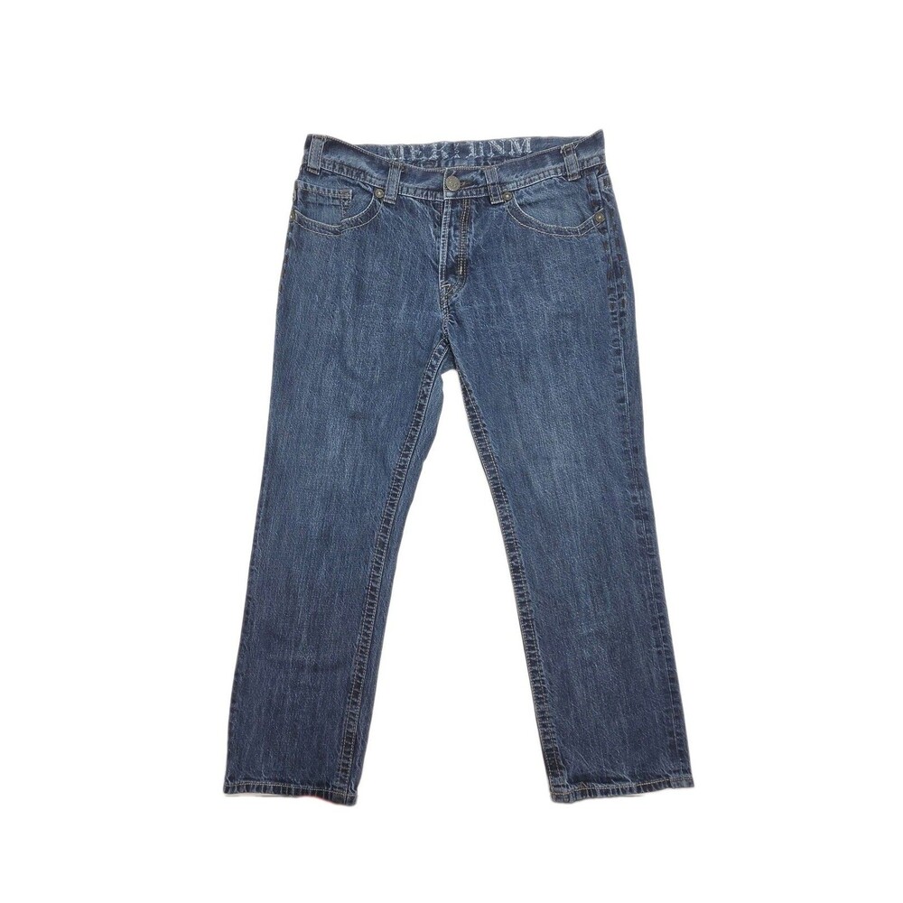 MEK Denim Jeans Washington Slim Straight Men Sz 36 x 30 Dark Wash Distressed Y2K